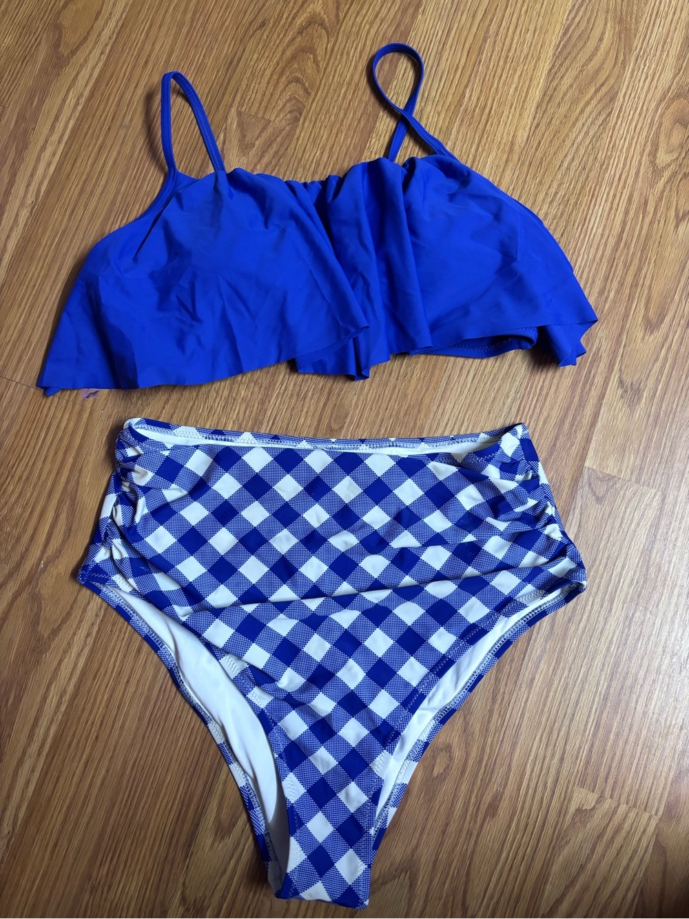 Women’s Size Large Blue Two-Piece Bikini Set - Royal Top & Gingham Bottoms